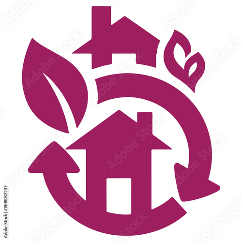 Purple house and leaf recycling symbol representing ecofriendly living and sustainability