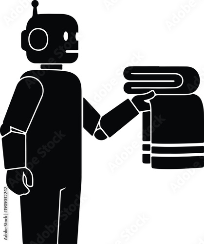 silhouette of a robot butler holding clean folded laundry towels vector design