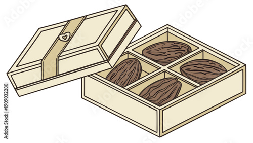 A vector graphic illustration of a wooden box with walnuts and an open lid