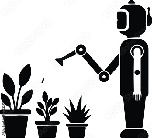 silhouette of a robot watering potted plants for futuristic gardening vector design