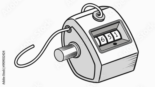 A black and white illustration of a mechanical parking meter with a dial and counter display