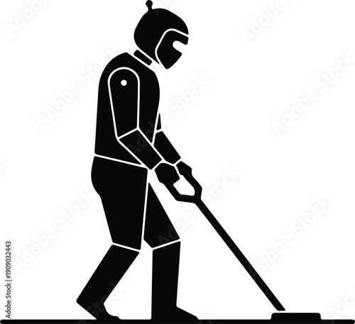 silhouette professional bomb disposal technician using metal detector on ground vector design