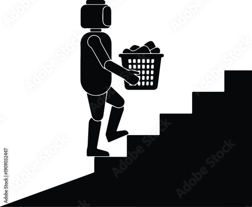 silhouette person carrying laundry basket up stairs for household chore vector design
