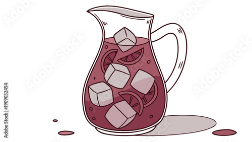 A vector graphic illustration of a glass pitcher filled with red lemonade and ice cubes on a white background