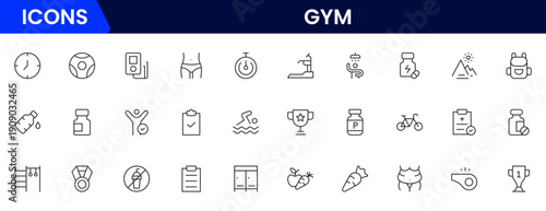 Gym and fitness icon set. It contains healthy lifestyle, weight training, body care, and workout or exercise equipment icons. Vector illustration web line icon collection 