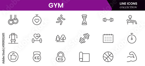 Gym and fitness icon set. It contains healthy lifestyle, weight training, body care, and workout or exercise equipment icons. Vector illustration web line icon collection 