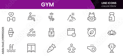 Gym and fitness icon set. It contains healthy lifestyle, weight training, body care, and workout or exercise equipment icons. Vector illustration web line icon collection 