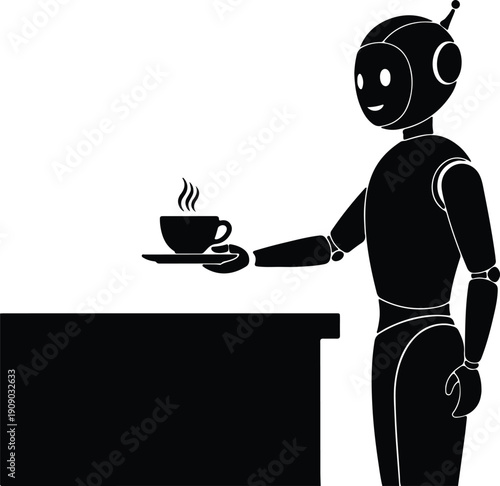 silhouette robot waiter serving hot coffee cup at cafe counter vector design
