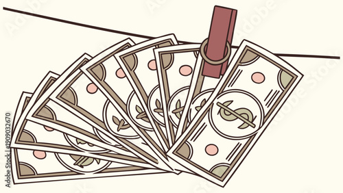 A vector graphic illustration of money bills clipped to a clothesline with a clothespin