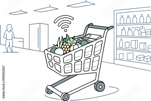 Smart Grocery Cart Icon – Intelligent Shopping Cart with Digital Glow for Online and In-Store Purchases