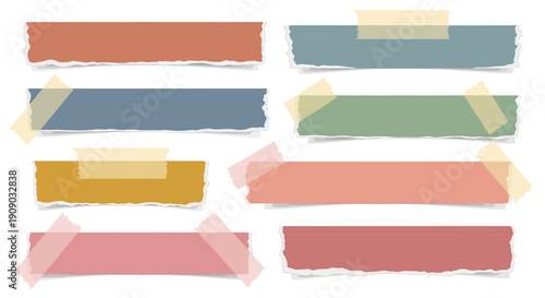 Realistic colorful torn paper notes with jagged edges, secured by adhesive tape, offering blank spaces for messages, reminders, and creative graphic design