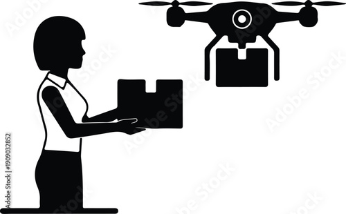silhouette woman holding a package next to flying delivery drone vector design