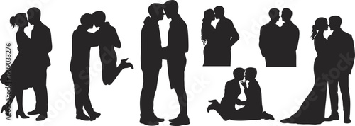 Romantic couple silhouette set featuring loving pairs kissing hugging and embracing isolated on white background for wedding valentine and relationship design