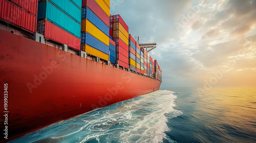 A large container ship loaded with colorful cargo containers sailing at sunset, a concept of global transportation, maritime shipping, and international trade logistics.