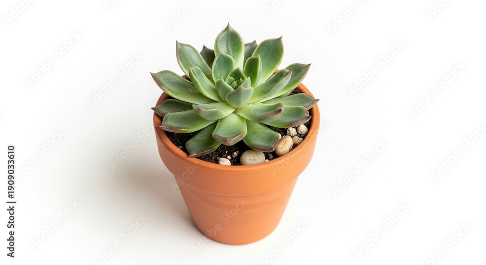Fototapeta premium Succulent plant in terracotta pot on white background closeup topdown view bright natural light