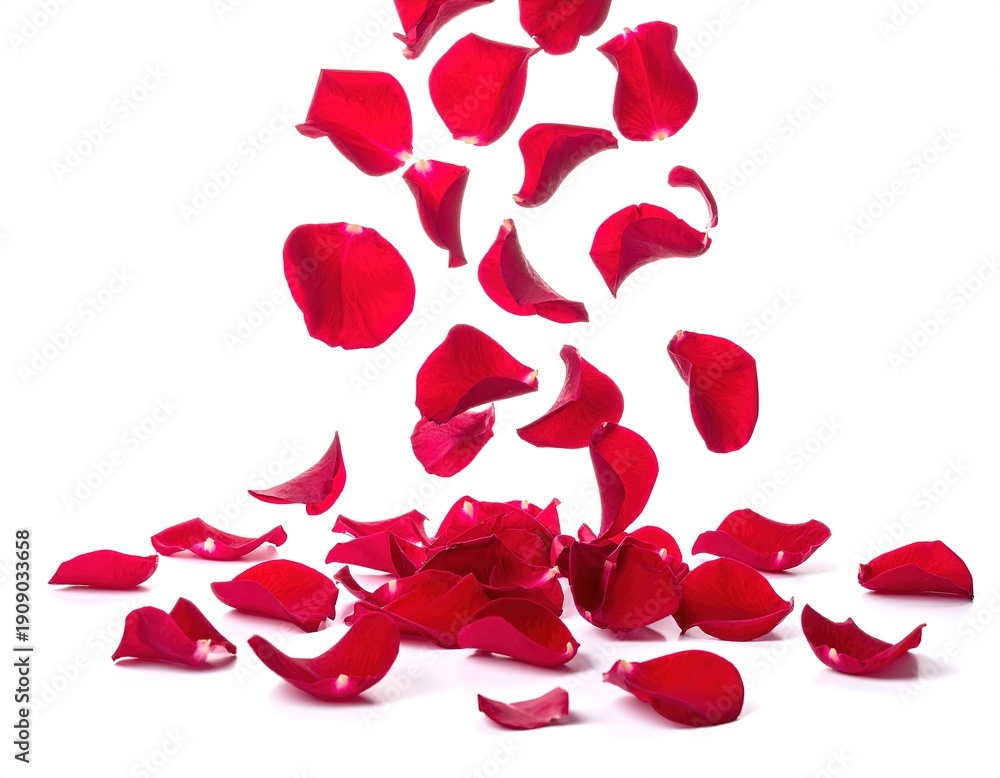 Obraz premium Falling rose petals floating in air, studio image of red rose petals falling, high resolution photography