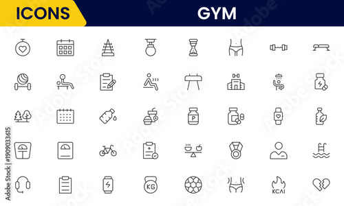 Gym and fitness icon set. It contains healthy lifestyle, weight training, body care, and workout or exercise equipment icons. Vector illustration web line icon collection 