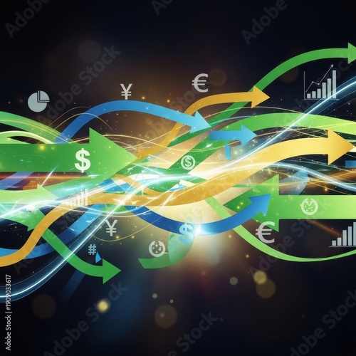 Dynamic Currency Exchange Flow with Finance Symbols and Charts