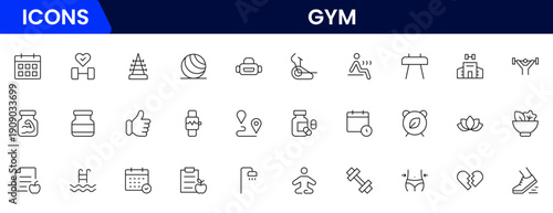 Gym and fitness icon set. It contains healthy lifestyle, weight training, body care, and workout or exercise equipment icons. Vector illustration web line icon collection 
