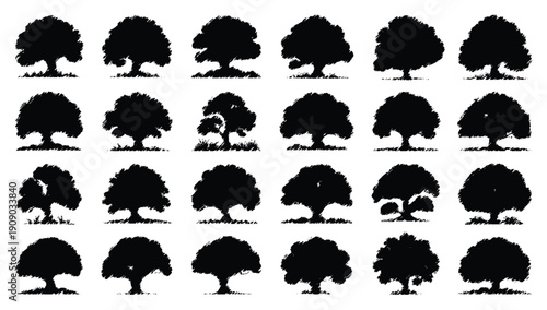 trees in various shapes and sizes arranged in a grid pattern on a white background high-quality