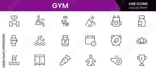 Gym and fitness icon set. It contains healthy lifestyle, weight training, body care, and workout or exercise equipment icons. Vector illustration web line icon collection 