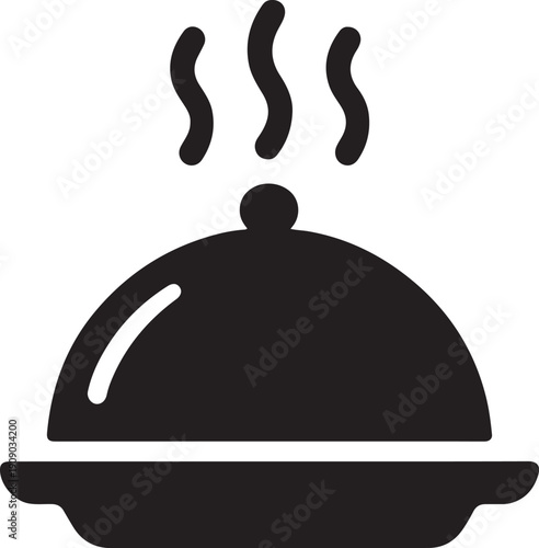 Covered Serving Dish With Rising Steam Silhouette Icon vector EPS for food service design.