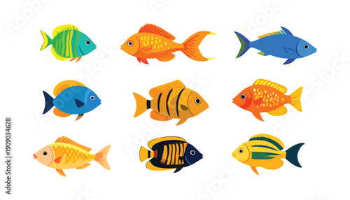 A cute cartoon set of colorful tropical fish swimming together underwater in the ocean aquarium illustration