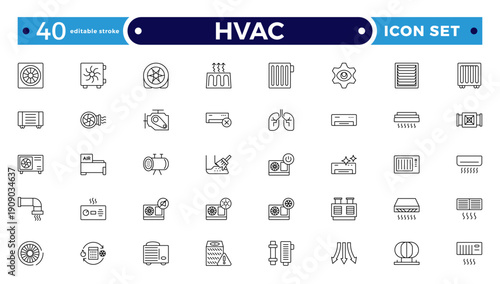 HVAC outline icon set .Ventilation equipment line icons. Air conditioning, cooling appliances, exhaust fan. Household and industrial ventilator thin linear signs. Editable stroke outline icon.
