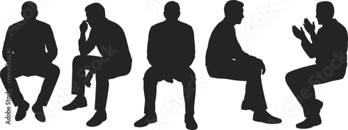 Seated man silhouette collection showing different sitting poses and gestures isolated on white background for character design, body language study and illustration