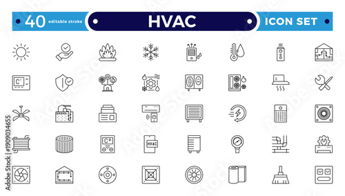 HVAC outline icon set .Ventilation equipment line icons. Air conditioning, cooling appliances, exhaust fan. Household and industrial ventilator thin linear signs. Editable stroke outline icon.

