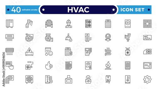 HVAC outline icon set .Ventilation equipment line icons. Air conditioning, cooling appliances, exhaust fan. Household and industrial ventilator thin linear signs. Editable stroke outline icon.
