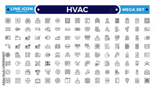 HVAC outline icon set .Ventilation equipment line icons. Air conditioning, cooling appliances, exhaust fan. Household and industrial ventilator thin linear signs. Editable stroke outline icon.
