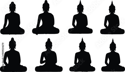 Set of Buddha silhouette meditation poses, spiritual yoga meditation figure collection, black isolated Buddha outline for mindfulness, religion, zen design artwork vector