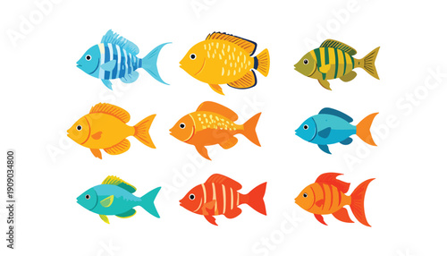 Set of cute variant different fish at the ocean sea cartoon