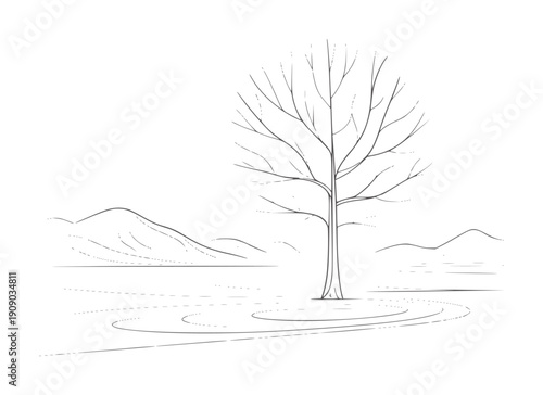 Minimalist line of a bare tree a plain with distant hills winter landscape