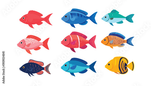 A cute set of funny cartoon fishes swimming together underwater in the ocean