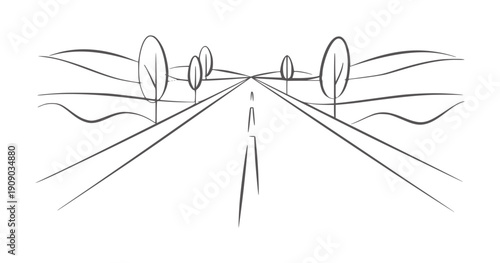 Minimalist of a road leading through rolling hills with trees highway path journey