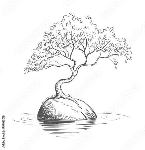 Minimalist pen and ink of a bonsai tree a rock in water