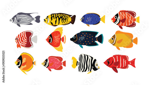 A colorful set of tropical fish swimming together underwater in a cartoon aquarium style illustration