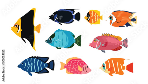 A cute set of colorful tropical fish swimming together underwater in the ocean