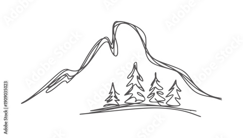 Minimalist pen and ink of a mountain range with pine trees nature