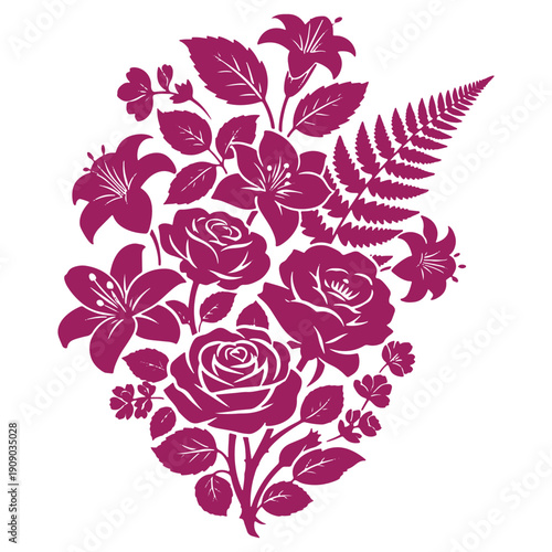 Vibrant Bouquet of Flowers with Roses Lilies and Ferns Silhouette Decorative Art
