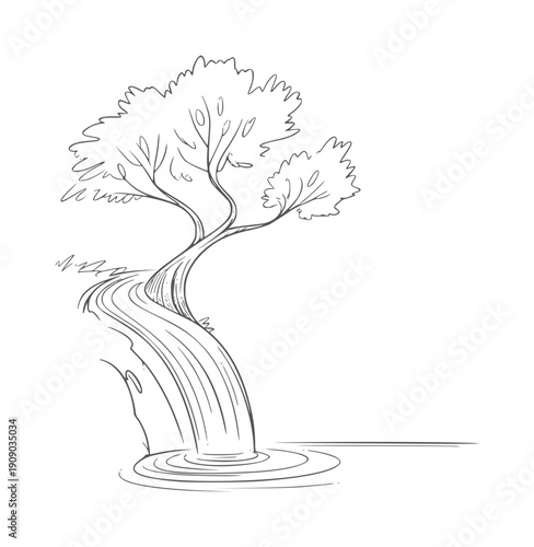 Minimalist pen and ink of a tree with a waterfall nature