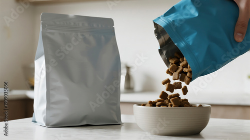 Dry kibble pouring into a ceramic bowl next to a blank matte pet food bag, capturing a dynamic feeding moment