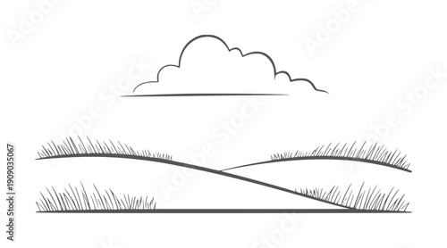 Minimalist pen and ink of rolling hills and a single cloud