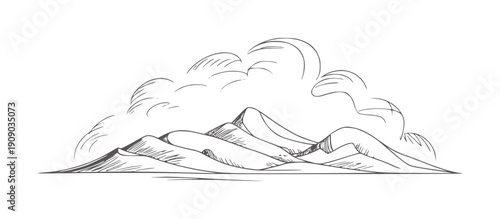 Minimalist pen and ink of rolling hills under dramatic clouds mountains