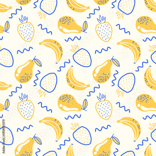 Summer seamless pattern with vector illustrations of fruits. Hand drawn healthy food set and fruits cute cartoon background