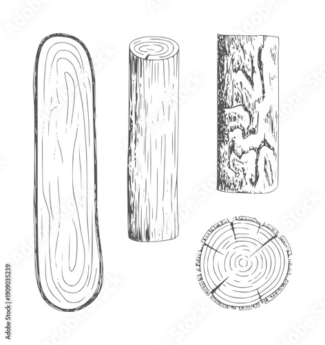 Pen ink of wood grain textures and logs timber