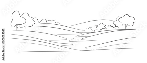 Rolling hills and winding river sketched landscape with trees nature
