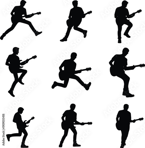 Set of guitarist silhouettes performing on stage, isolated on white background, rock music performance concept, electric guitar player collection